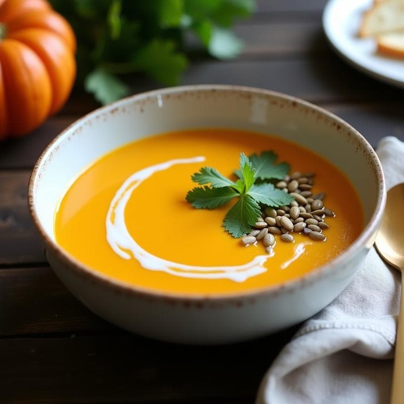 Cuenco de cerámica blanca con crema de calabaza y tofu ahumado, decorada con cilantro fresco y semillas de calabaza tostadas, sobre fondo rústico de madera.