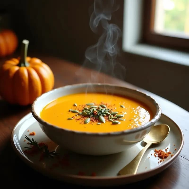 Cuenco de cerámica blanca con crema de calabaza y zaatar, decorada con semillas de calabaza y un hilo de aceite de oliva, sobre fondo rústico de madera con especias zaatar esparcidas.