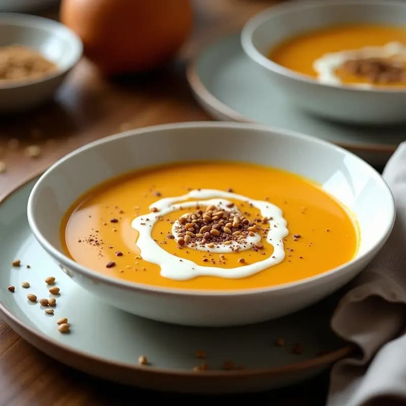 Cuenco de cerámica blanca con crema de calabaza suave y brillante, decorada con yogur griego, zaatar espolvoreado y un hilo de aceite de oliva virgen extra sobre fondo rústico de madera.