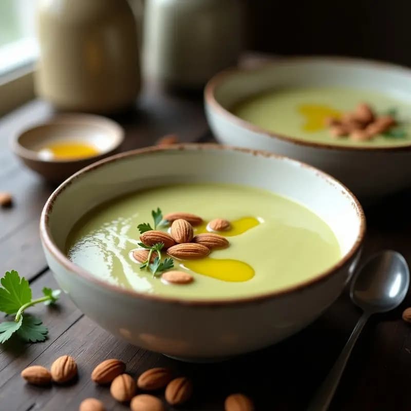 Cuenco de cerámica blanca con crema de calabacín ahumada vegana, decorada con almendras tostadas y un hilo de aceite de oliva, sobre fondo de madera rústica.