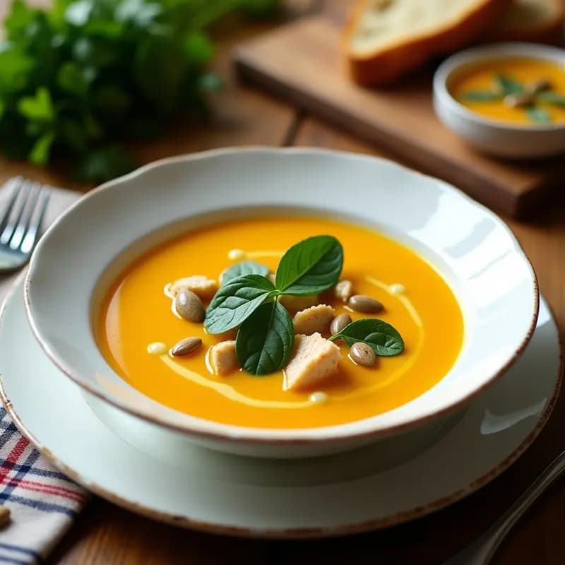 Tazón hondo de cerámica blanca con crema de calabre colombiana, trozos de pollo y espinacas frescas, decorado con semillas de calabaza y un hilo de aceite de oliva.