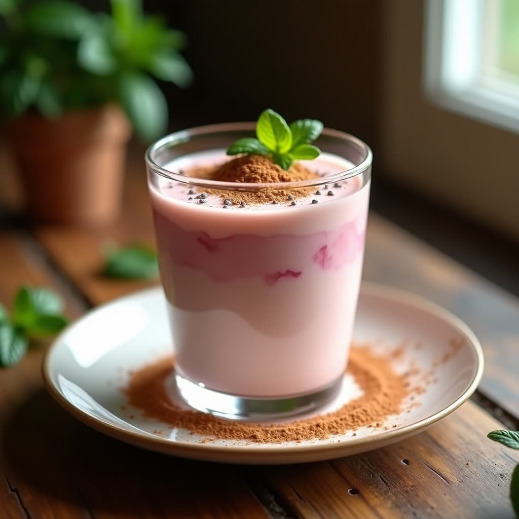 Copa de cristal transparente con crema de Camu Camu y Plátano Macho, de color crema con vetas rosadas, decorada con semillas de chía y canela, sobre fondo de madera rústica con hojas de menta.