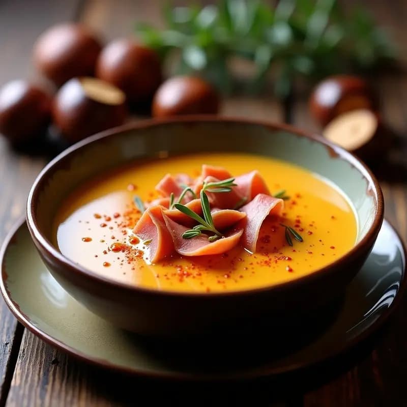 Cuenco de cerámica blanca con crema de castañas y pimiento choricero humeante, decorada con virutas de jamón y castañas asadas, sobre fondo rústico de madera.