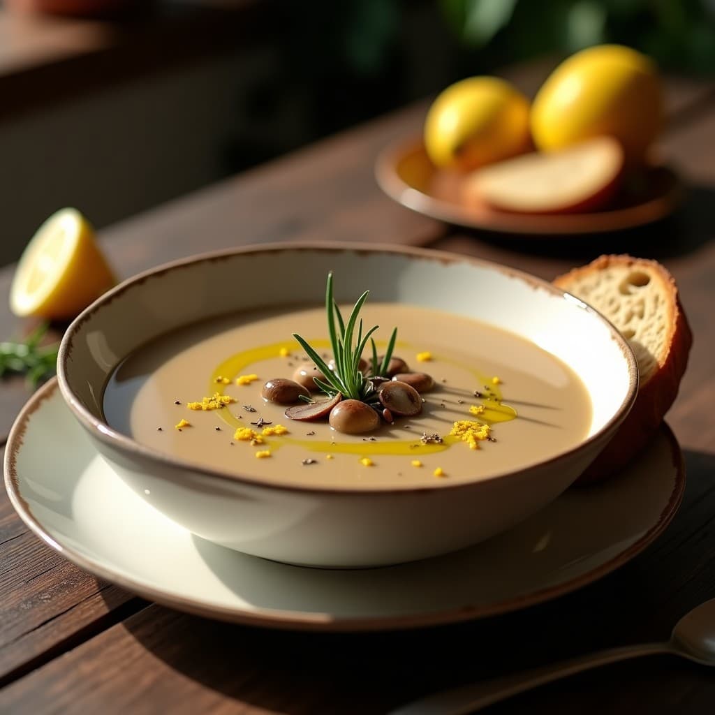 Crema de champiñones portobello y romero en un bol blanco hondo, con textura sedosa y color beige claro, decorada con hojas de romero fresco y un hilo de aceite de oliva virgen extra. Fondo rústico con pan de centeno tostado.