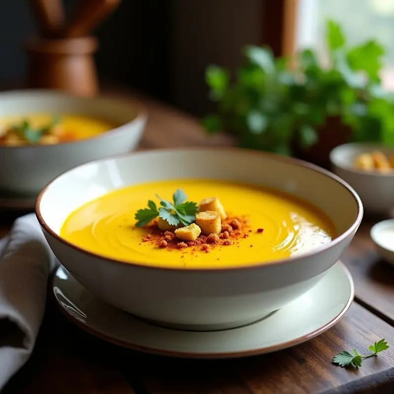 Cuenco hondo de cerámica blanca con crema de coliflor y cúrcuma de color dorado intenso, decorada con crutones de semillas de girasol tostadas y hojas de cilantro fresco. Plato vegano en olla lenta con fondo rústico de madera y servilleta de lino.