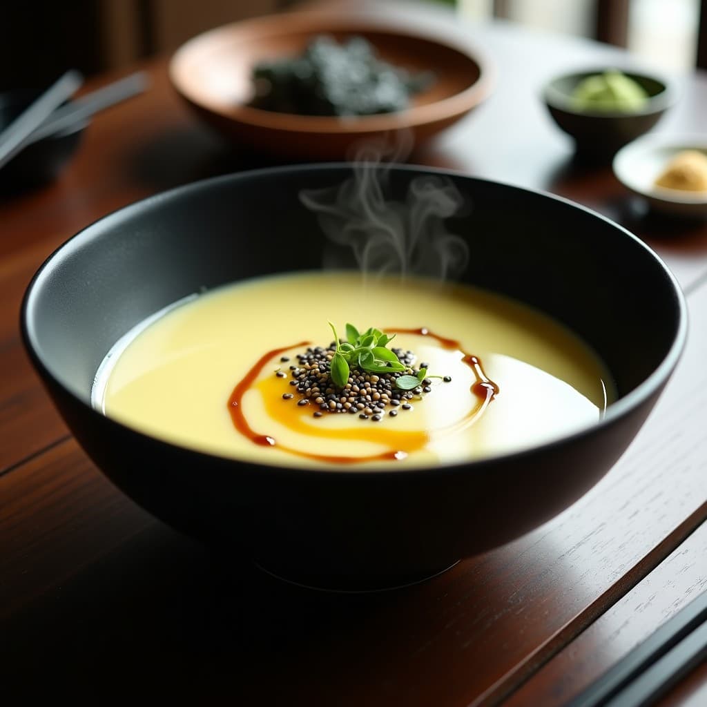 Cuenco negro de cerámica con crema de coliflor y wasabi de color crema suave, decorada con semillas de sésamo negro, cebollino picado y un hilo de aceite de sésamo, sobre fondo de madera oscura con utensilios japoneses.