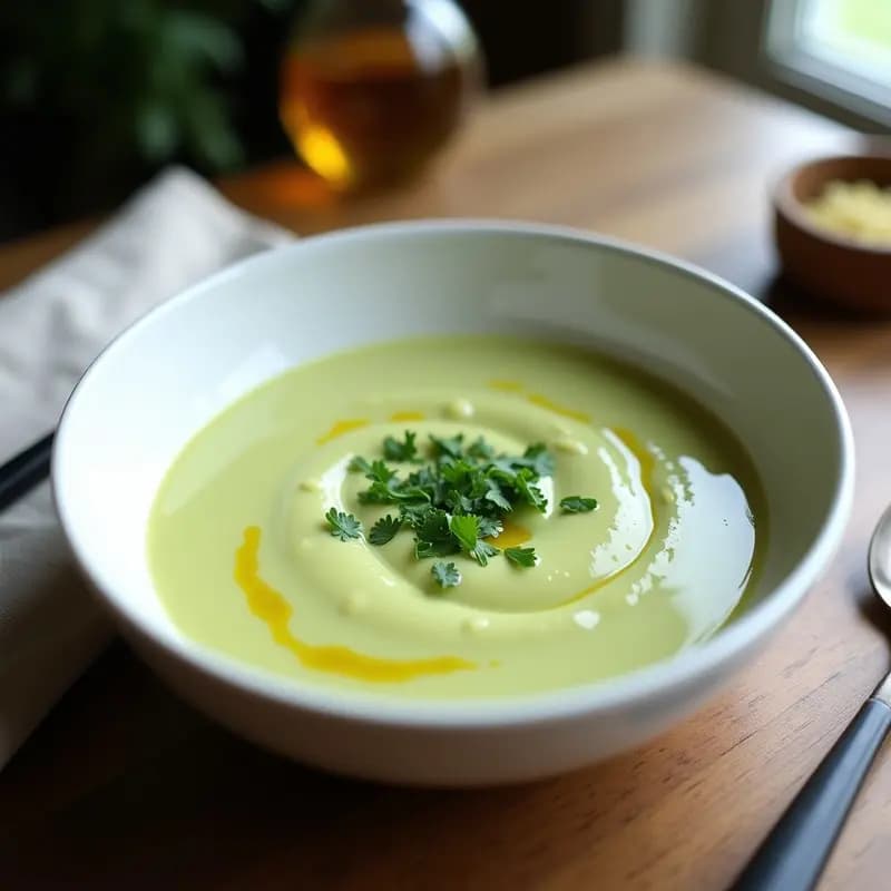 Cuenco hondo blanco con crema de espárrago blanco y wasabi, decorada con un hilo de aceite de oliva y perifollo fresco. Plato detox alemán cremoso con toque picante, servido en mesa rústica.