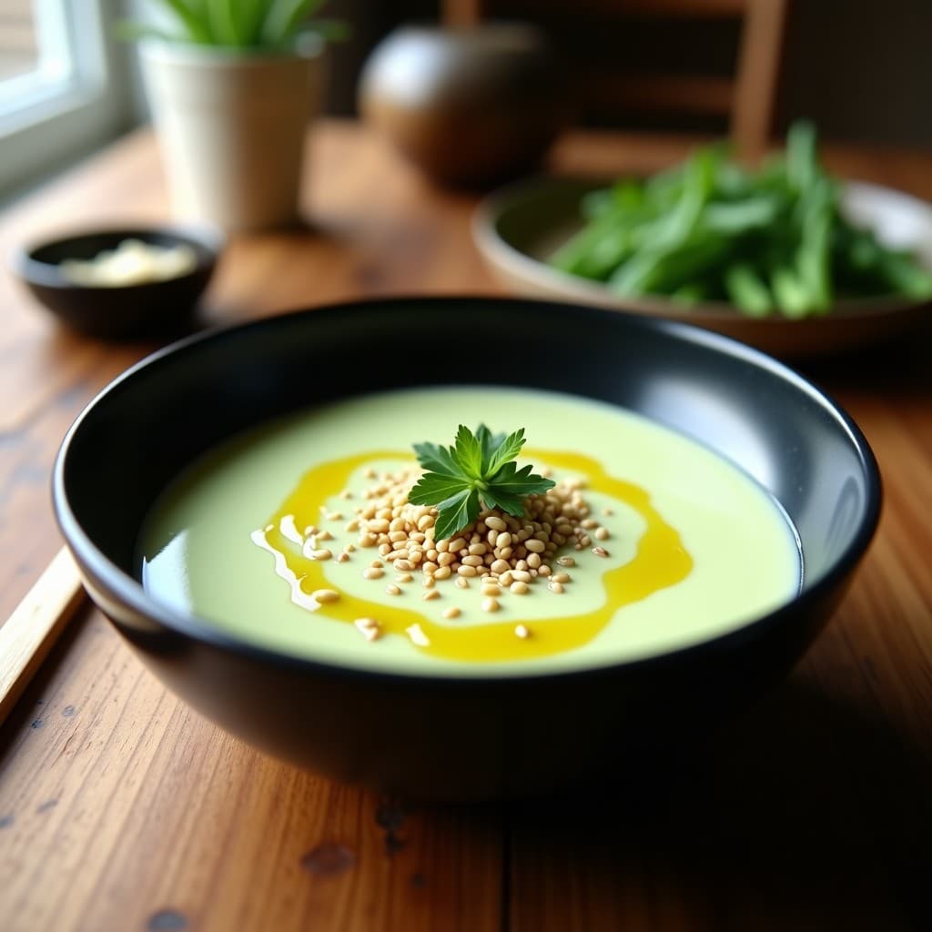 Cuenco hondo de cerámica negra con crema de espárragos blancos y algas wakame, decorada con semillas de sésamo tostadas y un hilo de aceite de oliva. Plato con toques umami, servido sobre una mesa de madera rústica con fondo desenfocado.