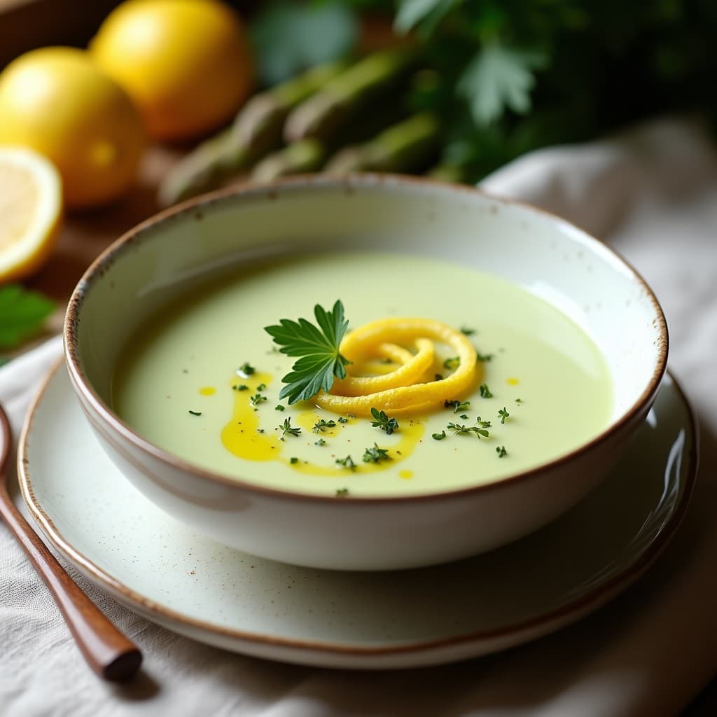 Cuenco blanco hondo con crema de espárragos blancos y limón confitado, decorado con perejil fresco y virutas de limón, servido sobre mantel rústico de lino.