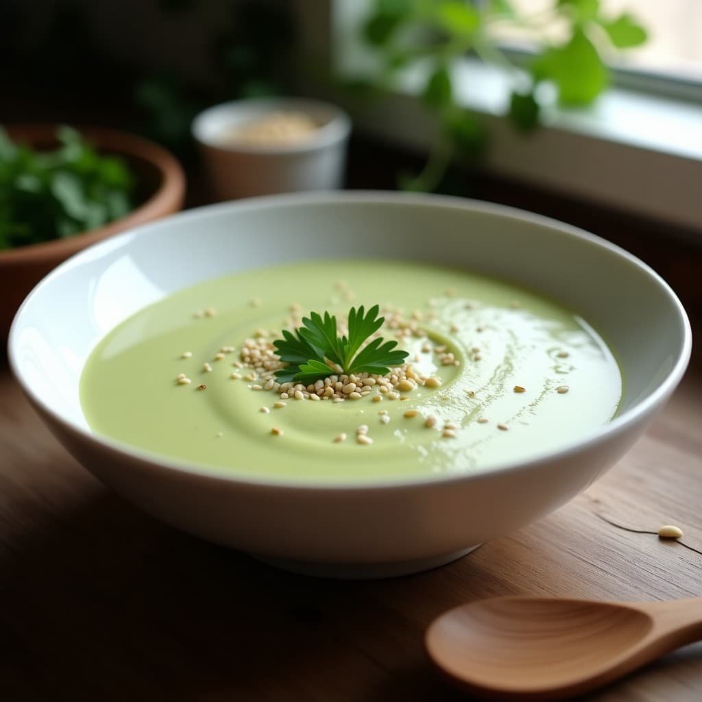 Cuenco de cerámica blanca con crema de espárragos blancos y anacardos vegana, textura aterciopelada, decorada con perejil fresco picado y semillas de sésamo tostadas, sobre fondo de madera rústica con cucharón de madera.