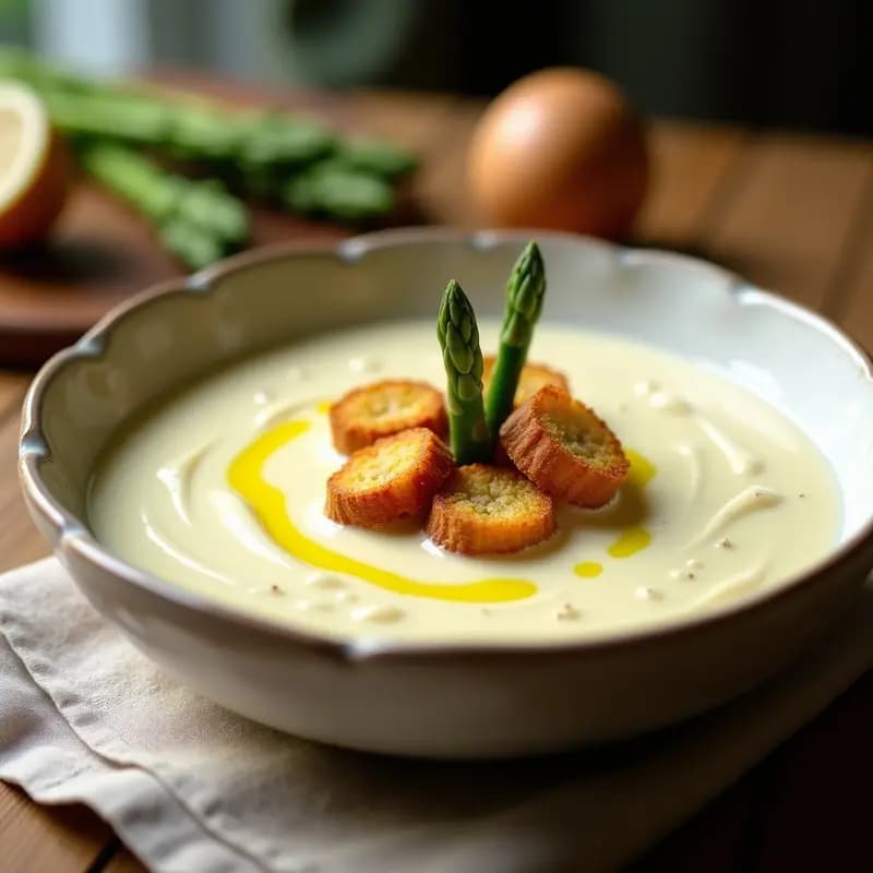 Crema de espárragos blancos y avena servida en un bol hondo blanco, con croutons de centeno dorados por encima y un hilo de aceite de oliva virgen extra. Plato tradicional alemán cremoso y reconfortante.