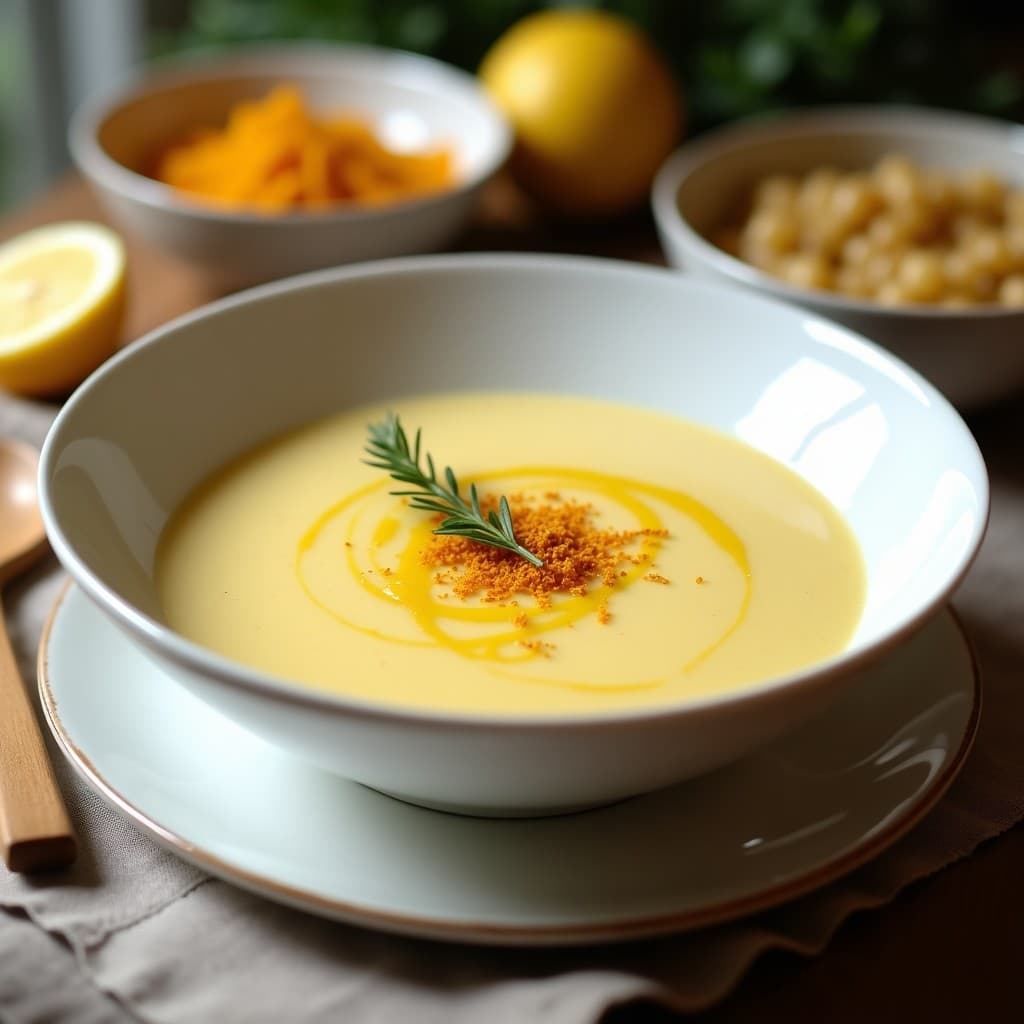 Cuenco blanco hondo con crema de espárragos blancos y azafrán, decorada con puntas de espárragos tostadas, hilo de aceite de oliva virgen extra y hebras de azafrán. Plato elegante y cremoso, sin lactosa, servido sobre mantel rústico de lino.
