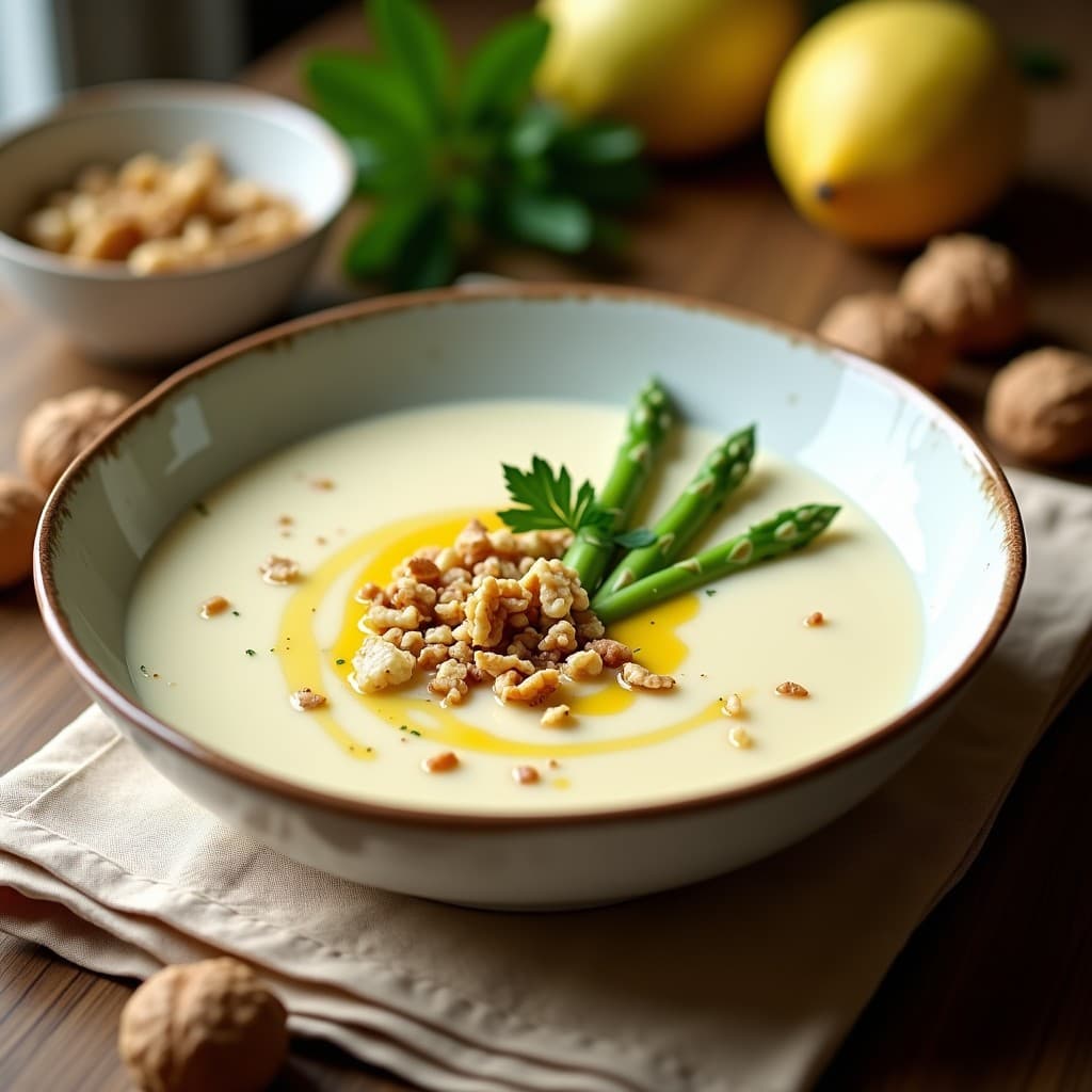 Cuenco de cerámica blanca con crema de espárragos blancos y nueces, sopa alemana cremosa y sin lácteos, decorada con nueces tostadas, perejil fresco y un hilo de aceite de oliva, sobre fondo rústico de madera con luz natural.
