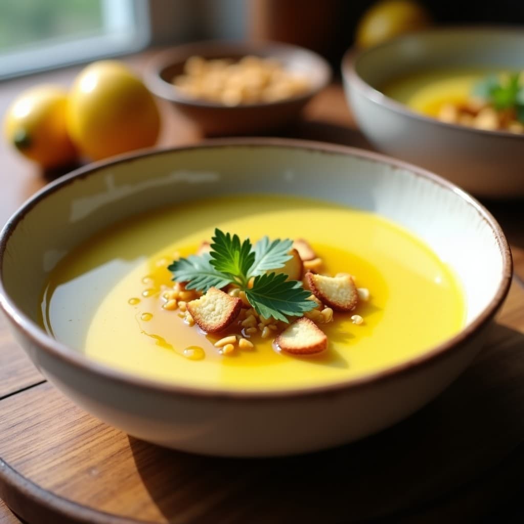 Cuenco blanco hondo con crema de espárragos blancos y cúrcuma de color dorado cremoso, decorado con crutones de almendra tostada, hojas de cilantro fresco y un hilo de aceite de oliva. Plato vegano alemán servido en mesa rústica con fondo de luz natural.
