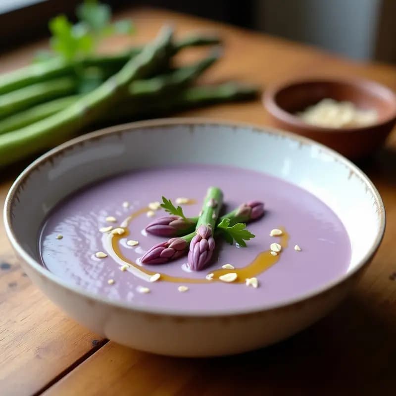 Crema de espárragos morados y avena vegana servida en cuenco blanco, con textura sedosa y color lila claro, decorada con un hilo de aceite de oliva virgen extra y puntas de espárrago morado al dente.