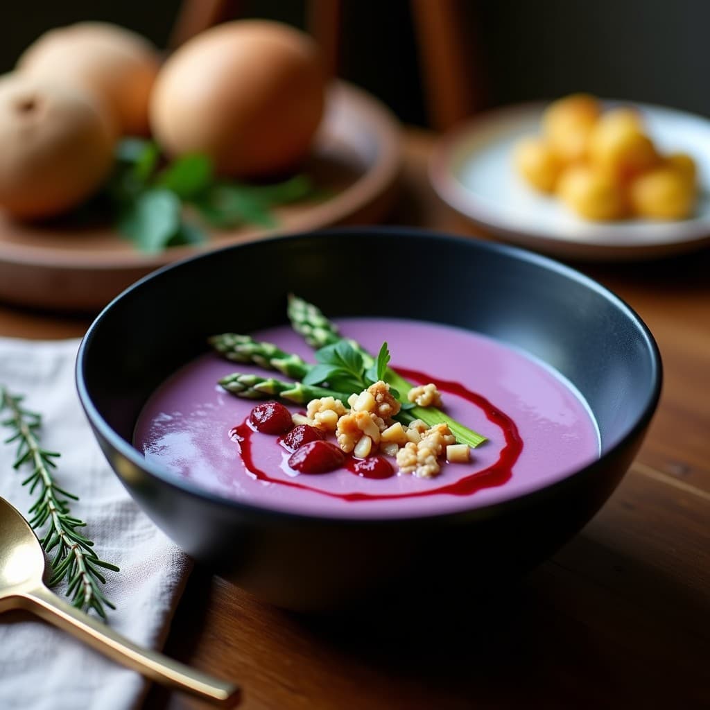 Cuenco hondo de cerámica negra con crema de espárragos morados vegana, decorada con puntas de espárragos tiernas, nueces tostadas picadas, hilo de vinagre de frambuesa y hojas de perejil fresco. Fondo borroso con textura de madera rústica.
