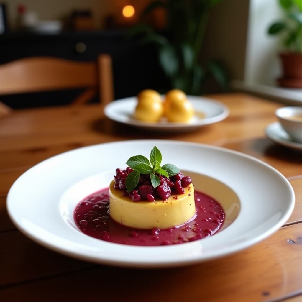 Plato hondo de barro con crema de espárragos morados y patata violeta, color vibrante morado oscuro, decorada con hojas de cilantro fresco y un hilo de aceite de oliva. Fondo rústico con mantel de lino y utensilios de madera.