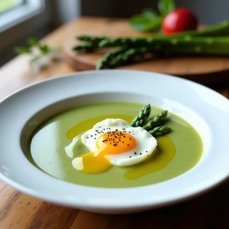 Plato hondo blanco con crema de espárragos trigueros de color verde claro, coronado con un huevo poché de yema líquida y un hilo de aceite de oliva virgen extra.