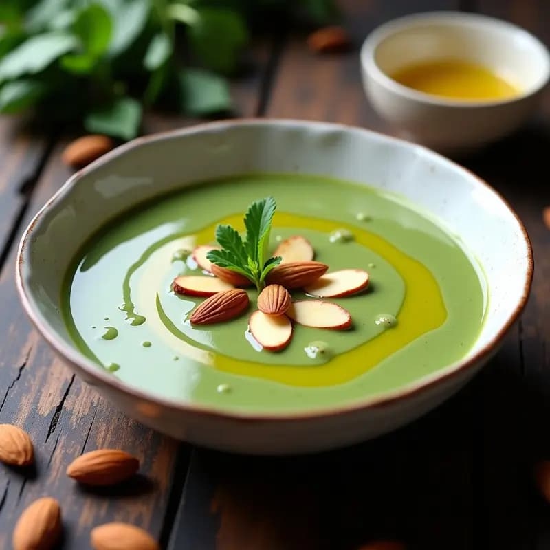 Cuenco blanco con crema de espinacas verde intenso, decorada con almendras tostadas fileteadas y un hilo de aceite de oliva, sobre fondo rústico de madera.
