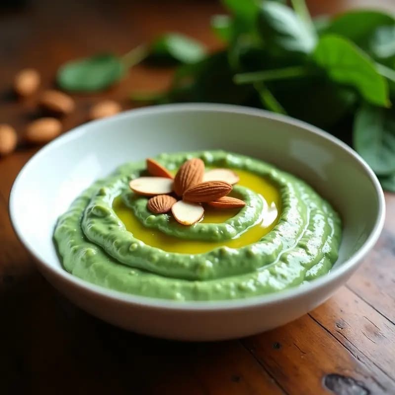 Cuenco blanco con crema de espinacas de color verde intenso, decorada con almendras tostadas picadas y un hilo de aceite de oliva virgen extra, receta de crema de espinacas con almendras y ajo negro.