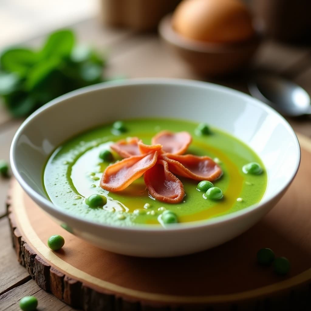 Cuenco blanco con crema de espinacas y guisantes de color verde vibrante, decorada con láminas crujientes de jamón serrano dorado y un hilo de aceite de oliva virgen extra, sobre fondo de madera rústica.