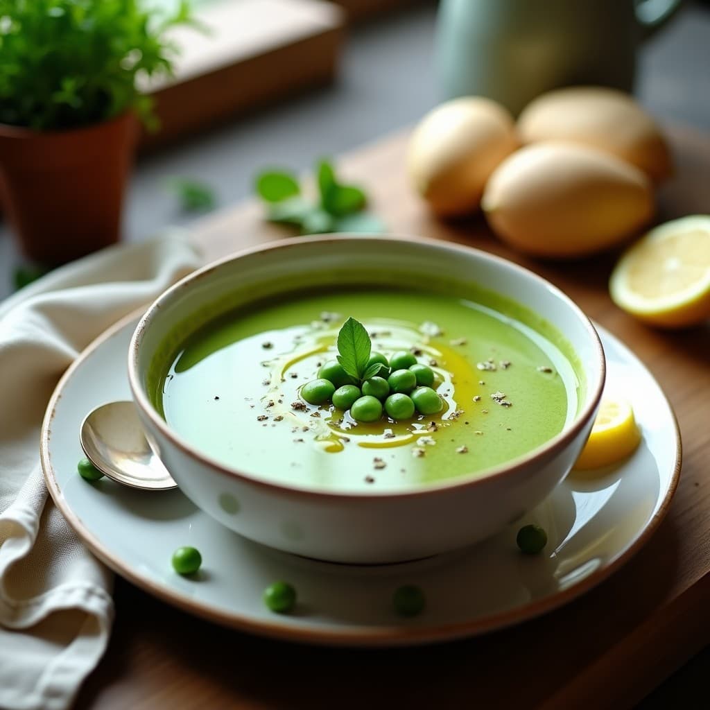 Crema de espinacas y guisantes con toque de limón servida en un bol blanco hondo, decorada con hojas de menta fresca y un chorrito de aceite de oliva virgen extra. El color verde vibrante de la crema contrasta con el fondo rústico de madera.
