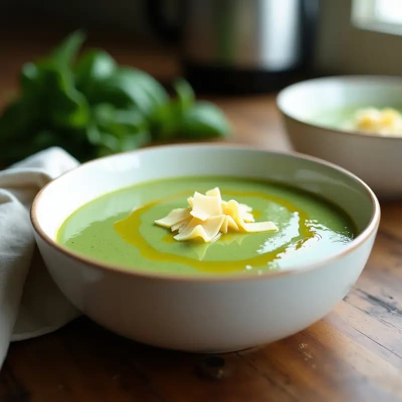 Cuenco blanco con crema de espinacas y parmesano, decorado con un hilo de aceite de oliva y virutas de parmesano, servido sobre una mesa de madera rústica.