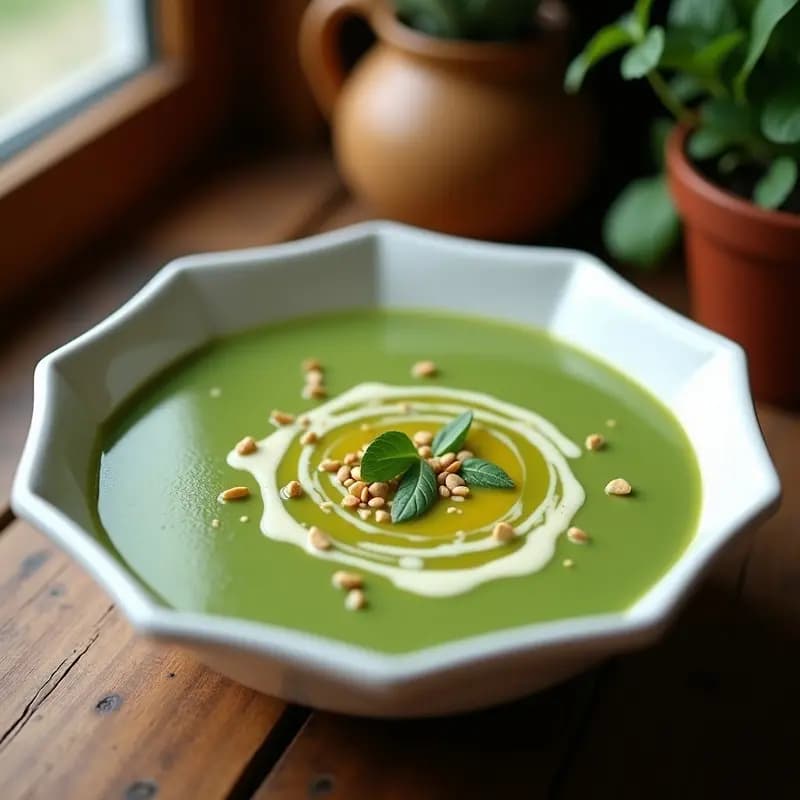 Crema de espinacas y tofu sedoso en cuenco de cerámica blanca, con textura suave y color verde vibrante, decorada con hilo de aceite de oliva y nuez moscada.