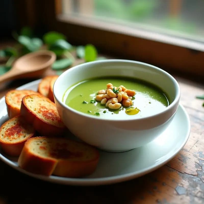 Cuenco blanco con crema de espinacas de color verde intenso, decorada con nueces picadas y acompañada de tostadas ahumadas crujientes sobre una mesa rústica de madera.