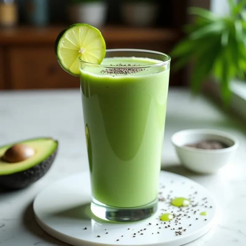 Vaso alto transparente con crema fría de aguacate y espinaca, de color verde vibrante, decorado con semillas de chía y una rodaja de limón al borde. Fondo blanco con gotas de agua condensada en el vaso.