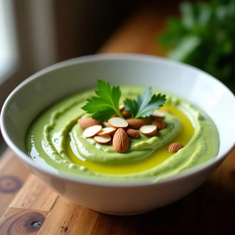 Crema fría de aguacate y espinacas con yogur servida en cuenco blanco, decorada con almendras fileteadas y hierbas frescas, sobre fondo rústico de madera.