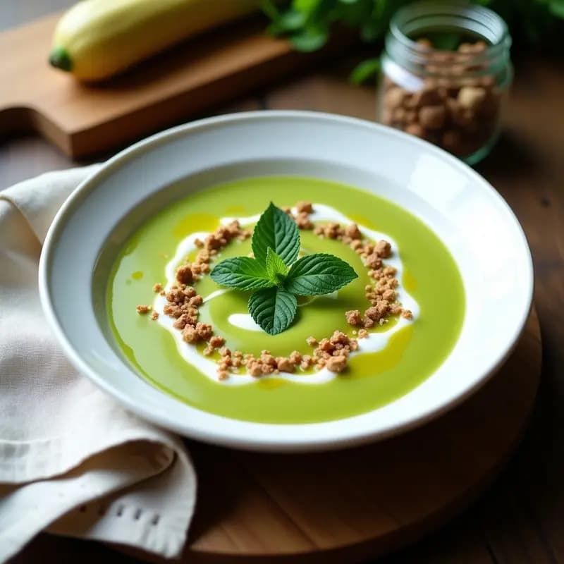 Cuenco blanco con crema fría de calabacín y almendra, decorada con hojas de menta y aceite de oliva virgen extra, sobre fondo de madera rústica.