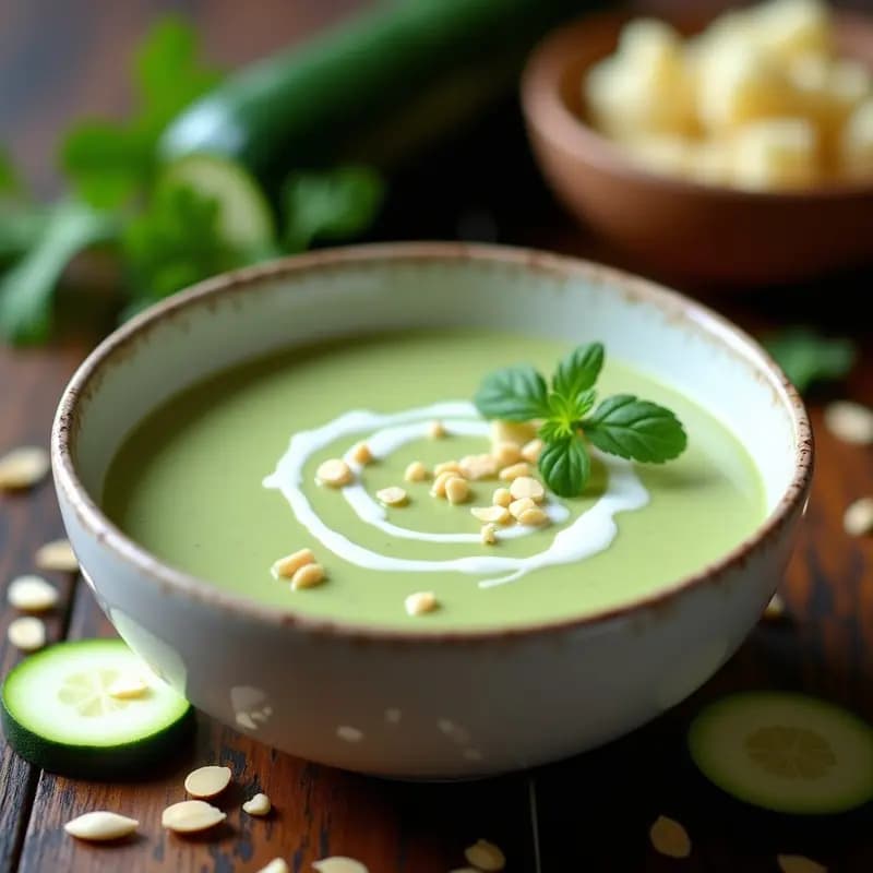 Cuenco de cerámica blanca con crema fría de calabacín y almendras de color verde claro, coronada con un hilo de alioli blanco y perejil picado. Fondo con textura de madera rústica y rodajas de calabacín crudo como decoración.