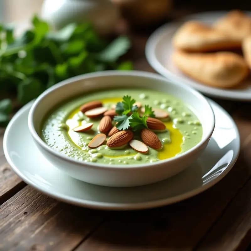 Cuenco de cerámica blanca con crema fría de calentita de color verde claro, espolvoreada con almendras tostadas, trozos de pan de pita y cilantro fresco. Plato tradicional andaluz sin lácteos.