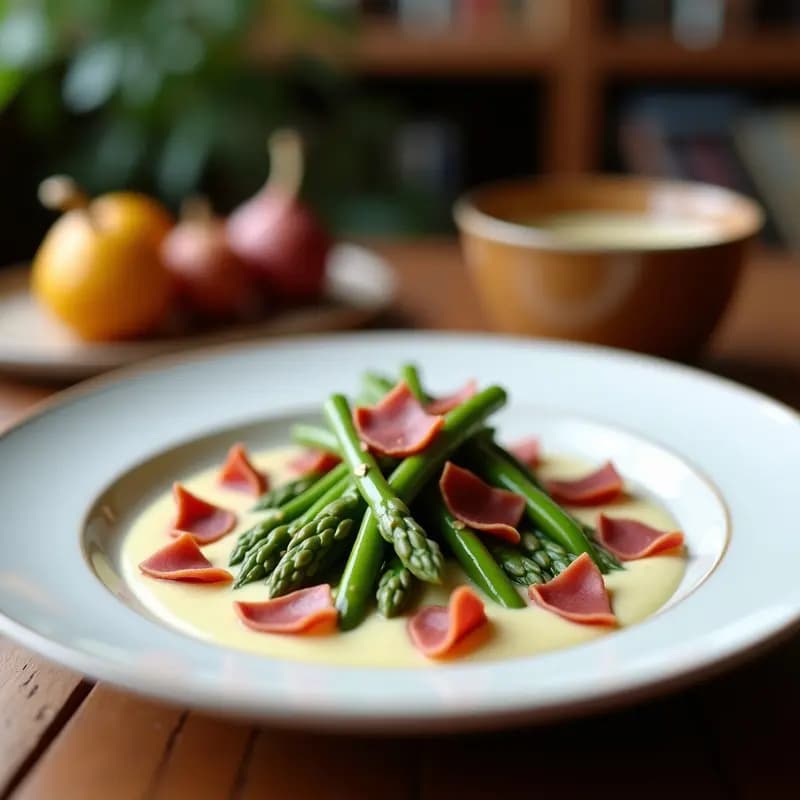 Cuenco blanco con crema fría de espárragos trigos de color verde claro, coronada con virutas de jamón ibérico y almendras tostadas, sobre fondo rústico de madera.