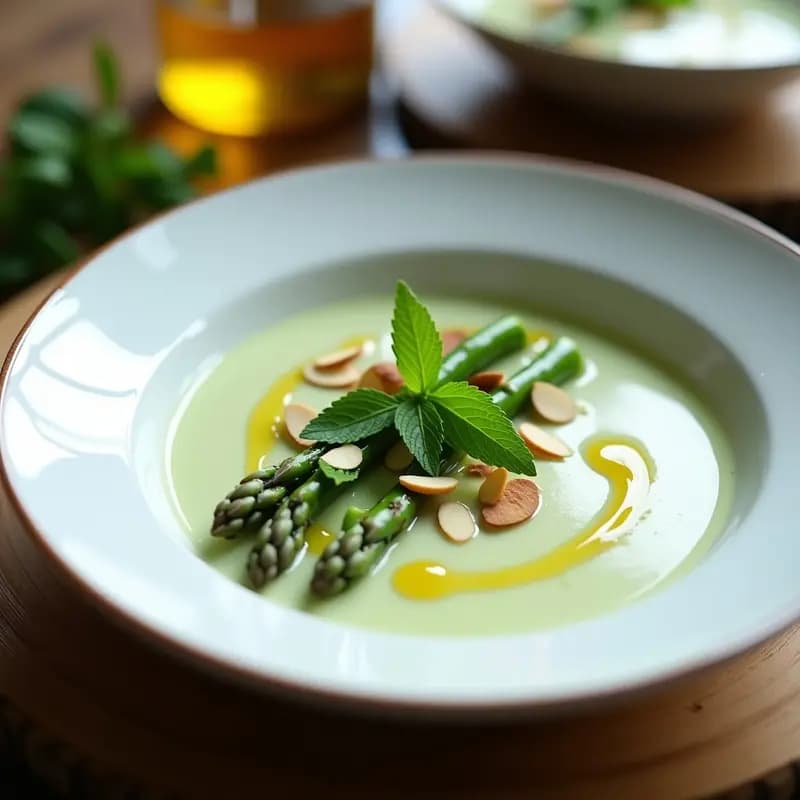 Cuenco blanco con crema fría de espárragos trigueros de color verde claro, decorada con puntas de espárrago, hojas de menta y almendras fileteadas tostadas. Fondo rústico de madera con un chorrito de aceite de oliva.