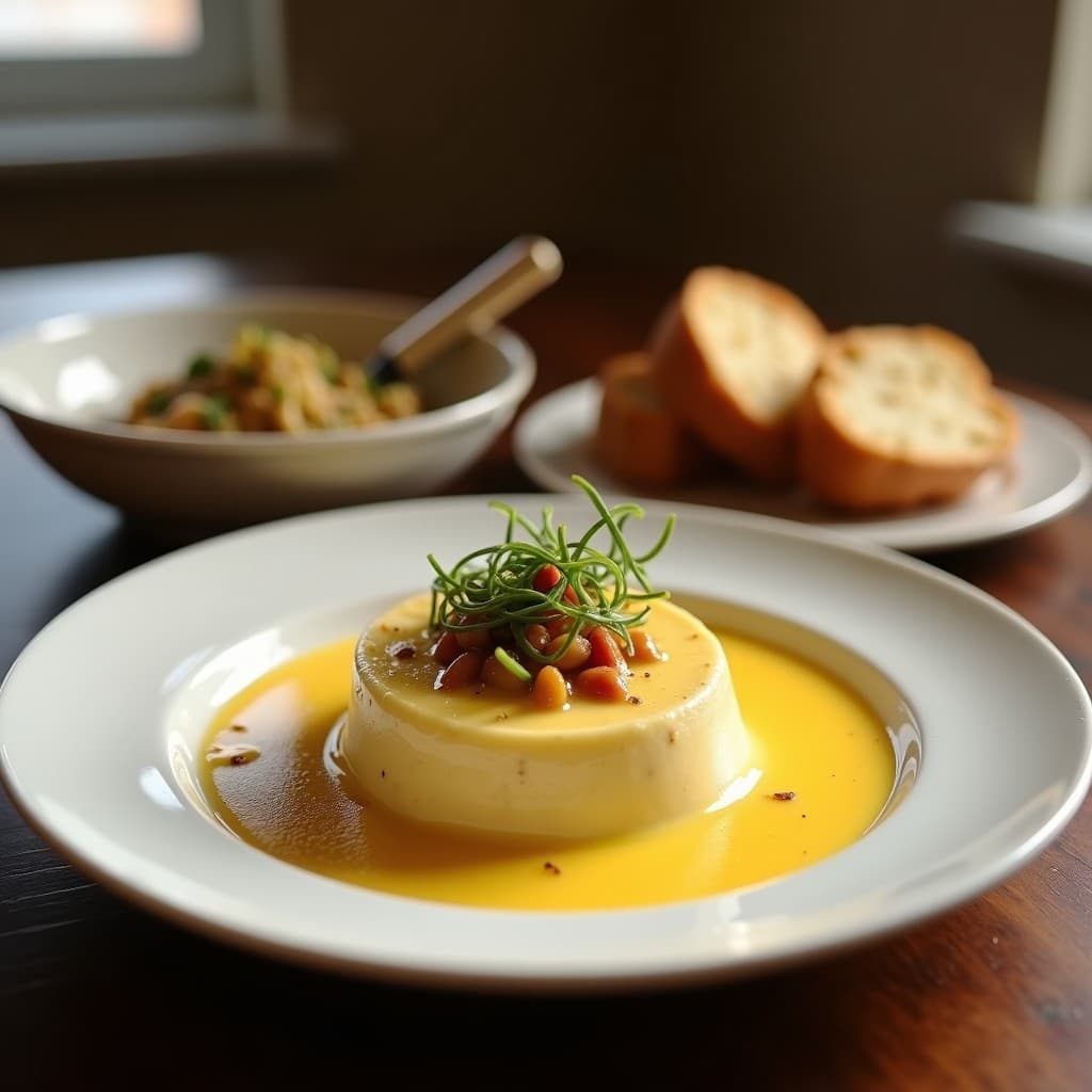 Cuenco blanco con crema fría de espinacas y almendras vegana, decorada con espinacas frescas, almendras fileteadas y un hilo de aceite de oliva virgen extra sobre fondo de madera rústica.