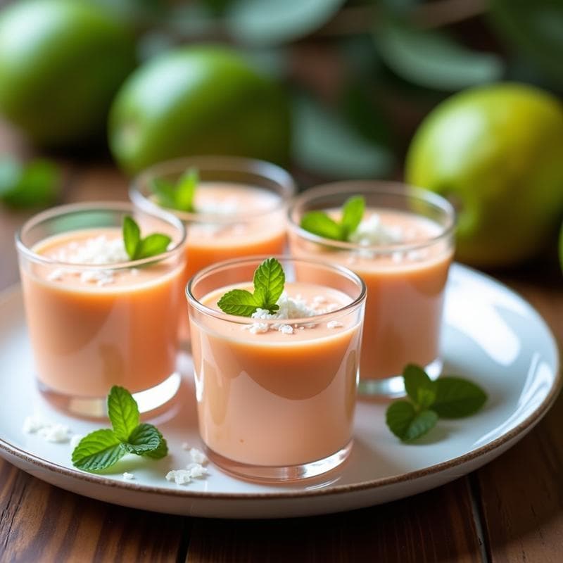 Vasitos de cristal transparente con crema fría de guayaba y yogur griego, decorados con coco rallado y hojas de menta, sobre una mesa de madera rústica con fondo desenfocado de frutas tropicales.
