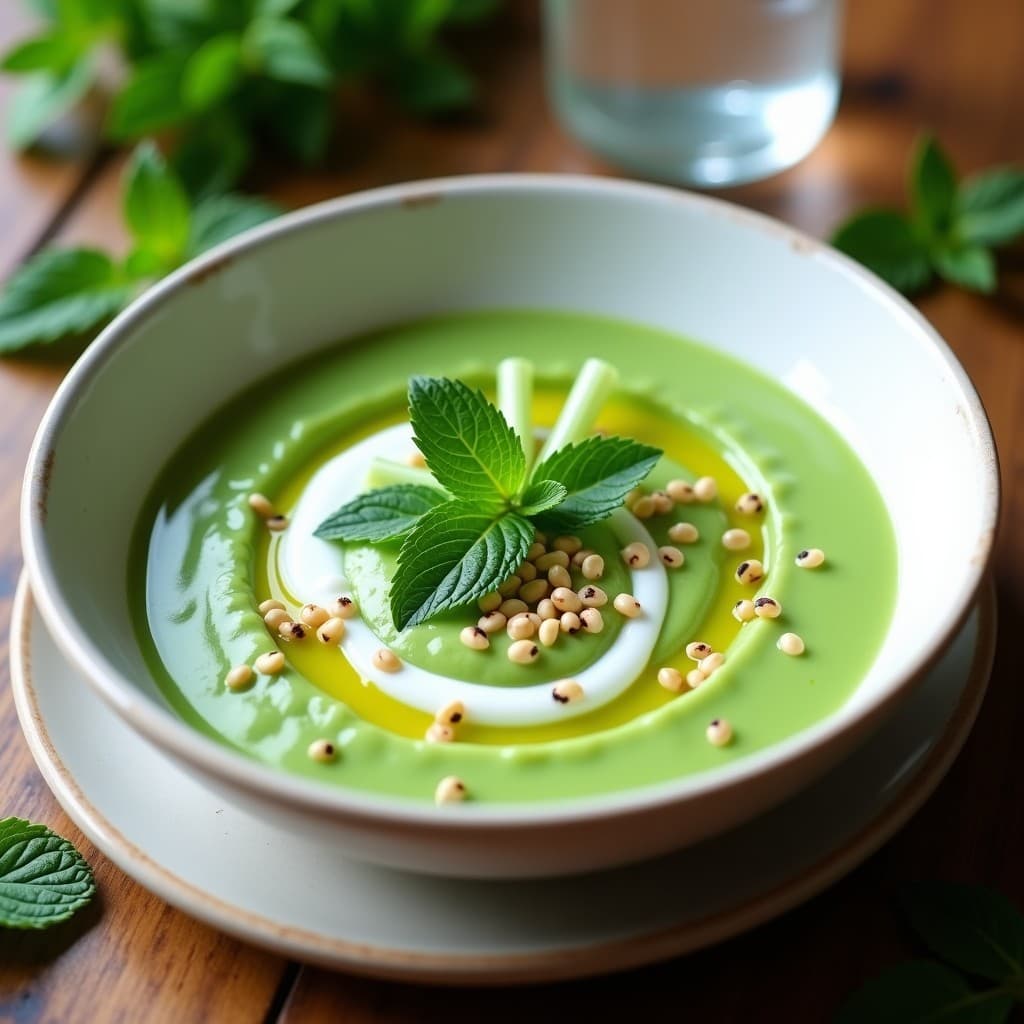 Cuenco blanco con crema fría de guisantes de color verde vibrante, decorada con mentolado de hierbabuena, semillas de sésamo y ramitas de apio, sobre un fondo de madera rústica. Receta iraní refrescante.