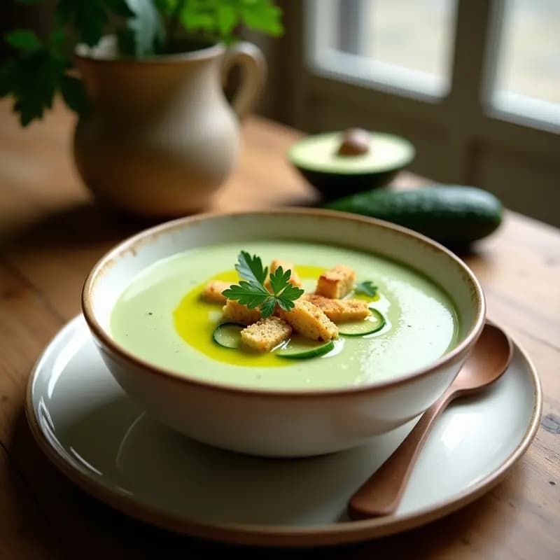 Cuenco blanco con crema fría de pepino y aguacate de color verde suave, decorada con crutones dorados de lino, rodajas de pepino y perejil fresco. Al fondo, una cuchara de madera y un hilo de aceite de oliva virgen extra.