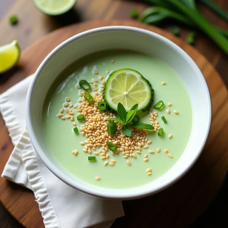 Cuenco blanco con crema fría de pepino y wasabi de color verde claro, decorada con rodajas de pepino, semillas de sésamo tostadas doradas, hojas de cilantro fresco y un hilo de aceite de oliva virgen extra. Fondo de madera clara con elementos tailandeses como una cuchara de madera y un limón cortado.