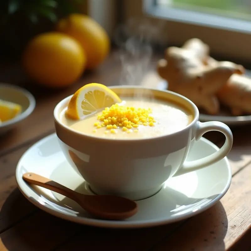 Taza de cerámica blanca con crema de miso y jengibre antiinflamatoria, espumosa y dorada, decorada con una rodaja de limón y jengibre rallado, sobre una mesa de madera rústica.