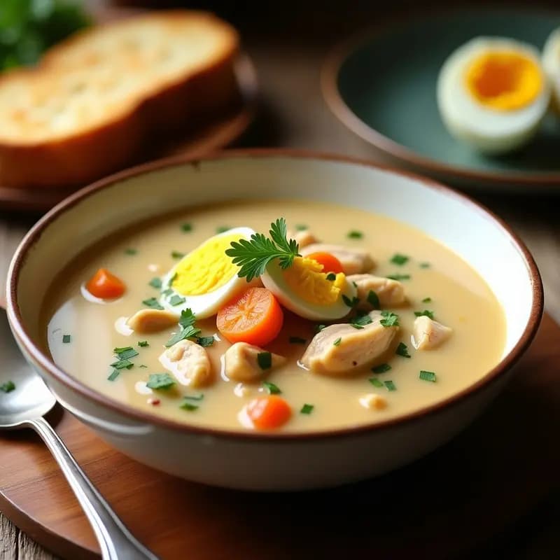 Cazuela de barro humeante con crema de pachay con pollo, sopa peruana de color crema con trozos de pollo desmenuzado y decoración de hojas de apio. Plato reconfortante en olla lenta, servido en cuenco rústico sobre mesa de madera.