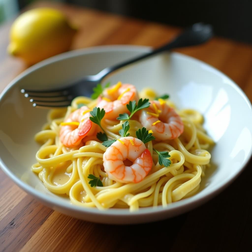 Plato hondo blanco con crema de pasta amarillenta, trozos de alcachofas y gambas rosadas, decorado con perejil fresco y virutas de limón, receta thermomix.