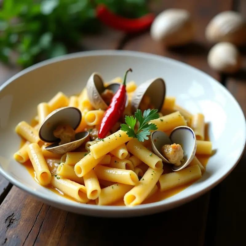 Plato hondo blanco con crema de pasta corta bañada en salsa dorada con almejas al ajillo, perejil fresco y guindilla roja, servida en mesa rústica de madera.