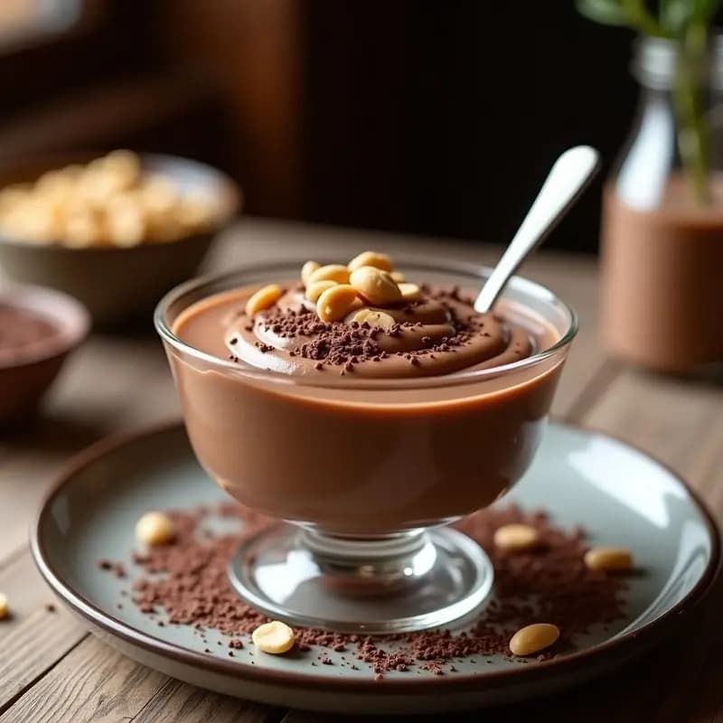 Bol de cristal transparente con crema de pasta de cacahuete y chocolate negro, textura sedosa y brillante, decorada con virutas de chocolate y cacahuetes picados sobre fondo rústico de madera.