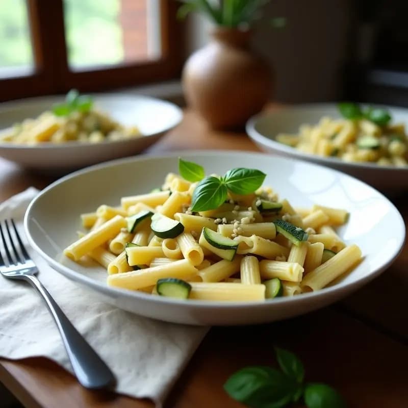 Plato hondo blanco con crema de pasta integral, calabacín en cubos y ajo negro, decorado con albahaca fresca y levadura nutricional espolvoreada.