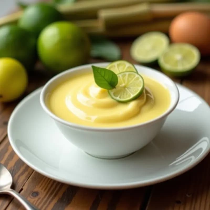Cuenco de porcelana blanca con crema pastelera de citronella y lima, textura sedosa y color amarillo pálido, decorada con rodajas finas de lima y una hoja de citronella. Fondo borroso con ingredientes: limas, huevos y ramitas de citronella.