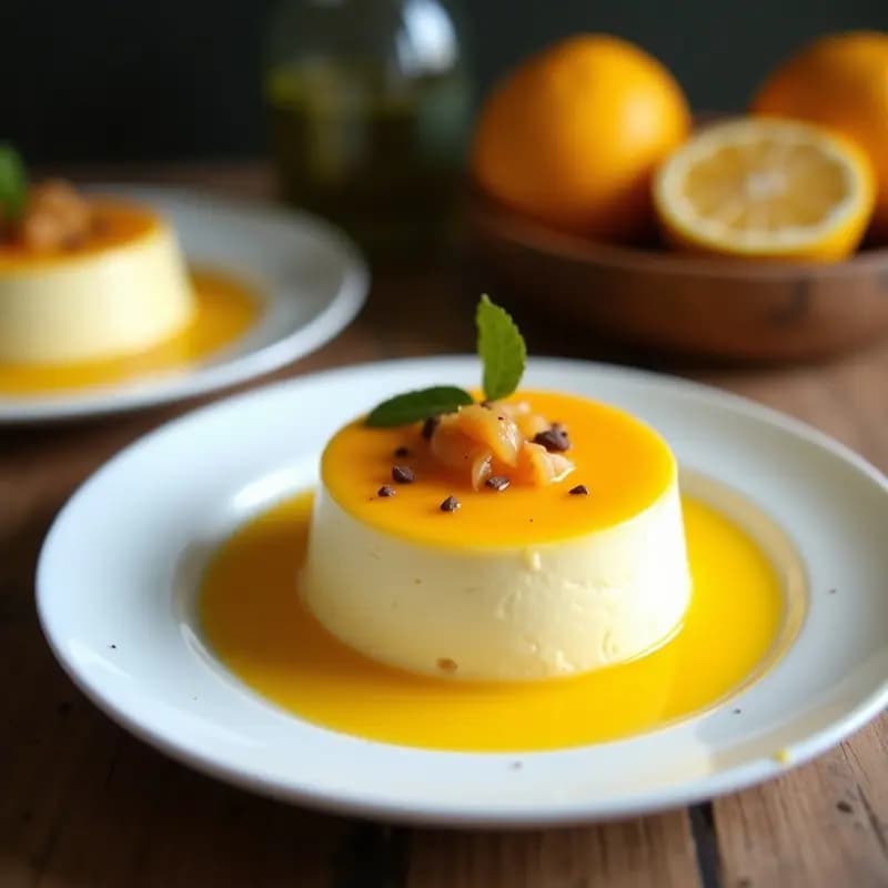 Tazón de porcelana blanca con crema pastelera de citronella sin lactosa, textura sedosa y color amarillento, decorada con hojas de citronella fresca y rodajas de limón.