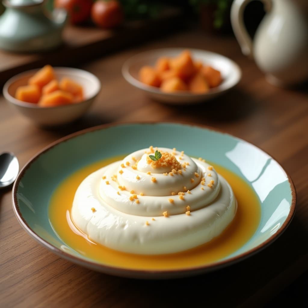 Cuenco de porcelana blanca con crema pastelera de coco y leche condensada, espesa y brillante, decorada con coco rallado tostado y una hoja de menta. Fondo borroso con ingredientes dispersos.